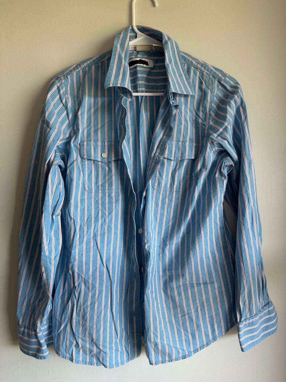 LL Bean Women Medium Light Blue White Red Striped Stretch Button Down Shirt M